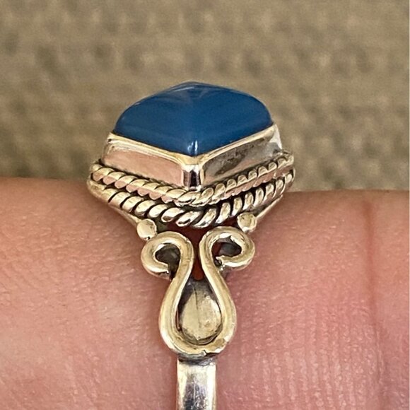 Ring Size 8 Blue Chalcedony Diamond Cabochon Smooth Sterling Silver 925 Women Se - Picture 2 of 8